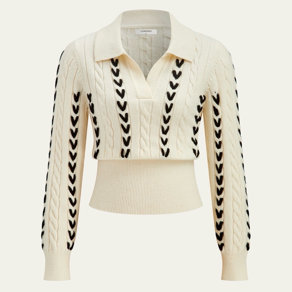 Commense Contrast Stitched Cable Knit Polo Sweater Off-White Size Medium NWT